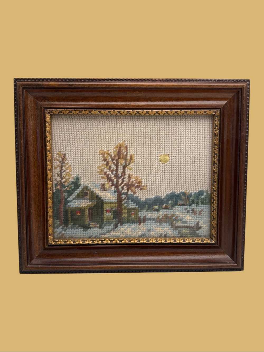 Vintage Needlepoint Winter Cabin Scene Wooden Frame 1960s 1970s